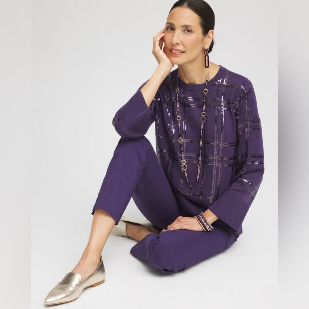 Chico’s Purple Sequin Plaid Sweater | Size 2 (L/XL) | Holiday Cruise Sparkle